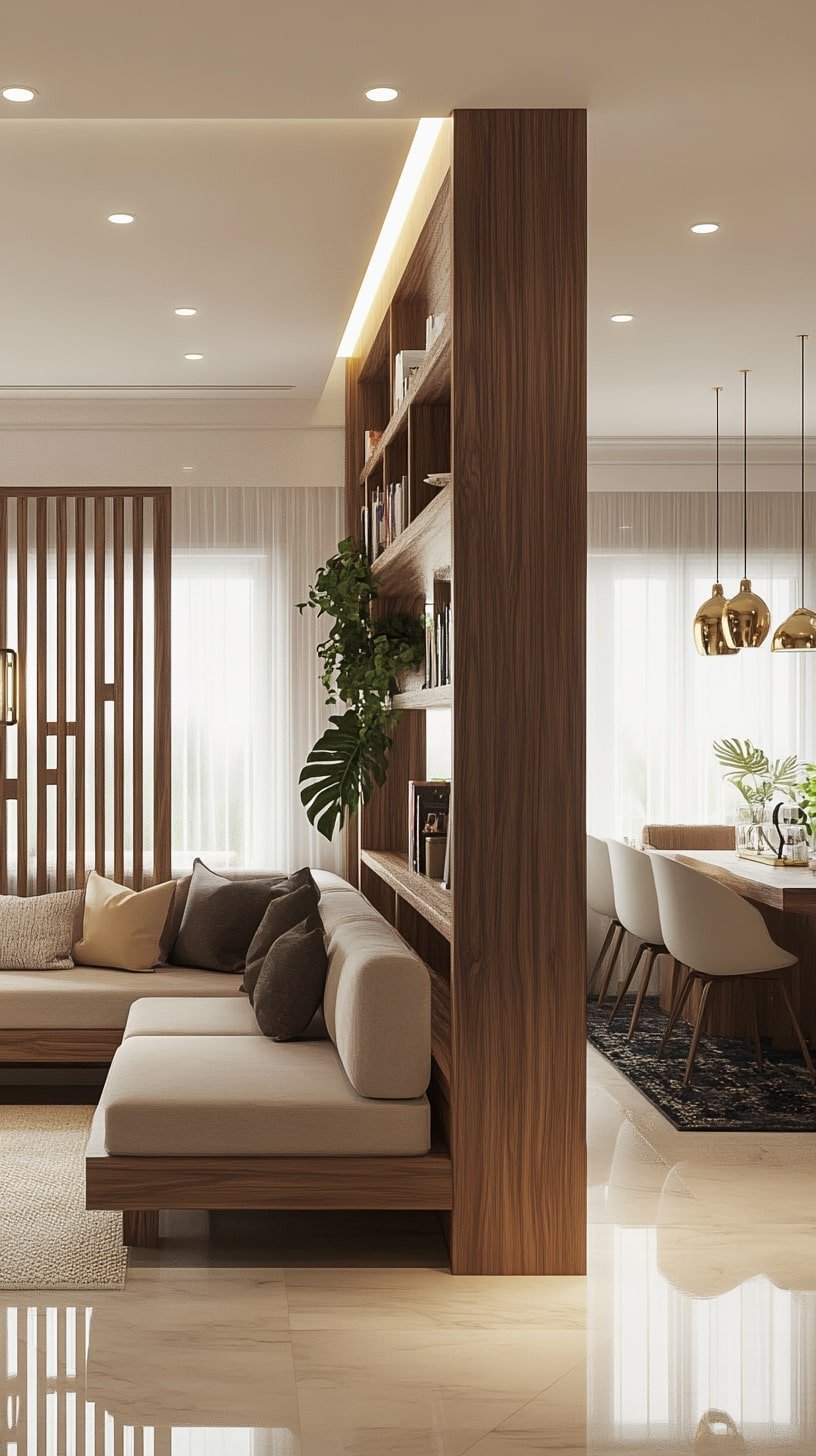 Dual-Zone Narrow Living Room with Divider Shelf
