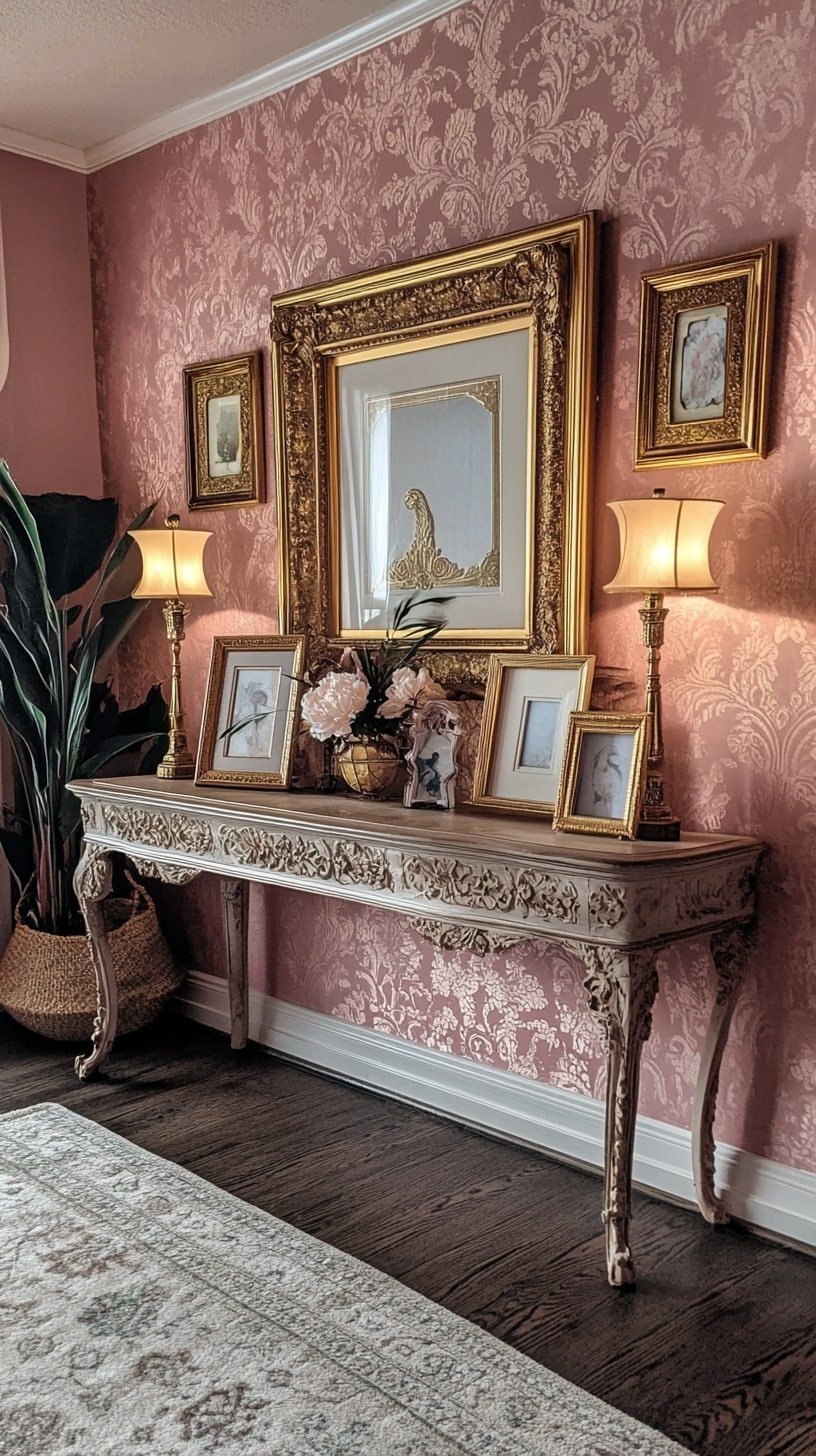 Dusty Rose Glam Room with Gilded Frames and Textured Wallpaper