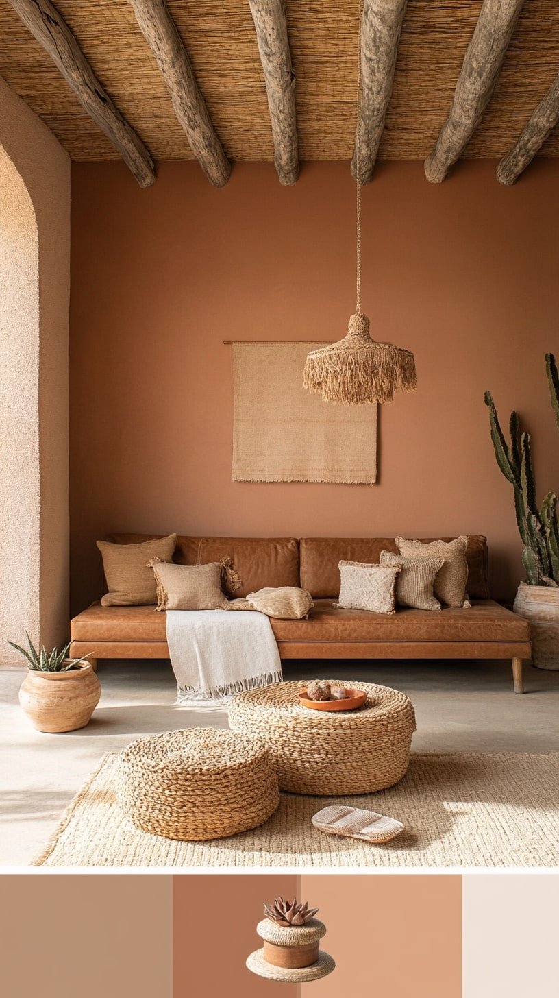 Earth-Toned Living Room with Tan Couch and Terracotta Accents