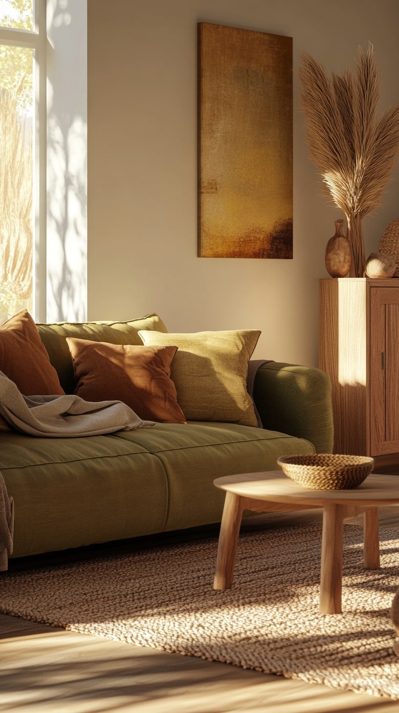 Earth-Toned Midcentury Room with Olive Green Sofa and Wooden Ceiling Beams