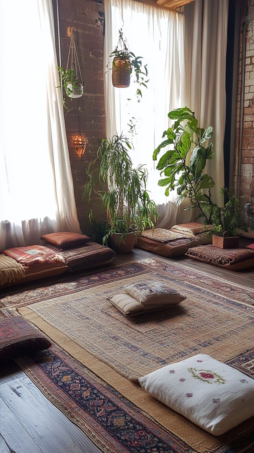Earthy Boho Studio with Layered Rugs and Floor Cushions