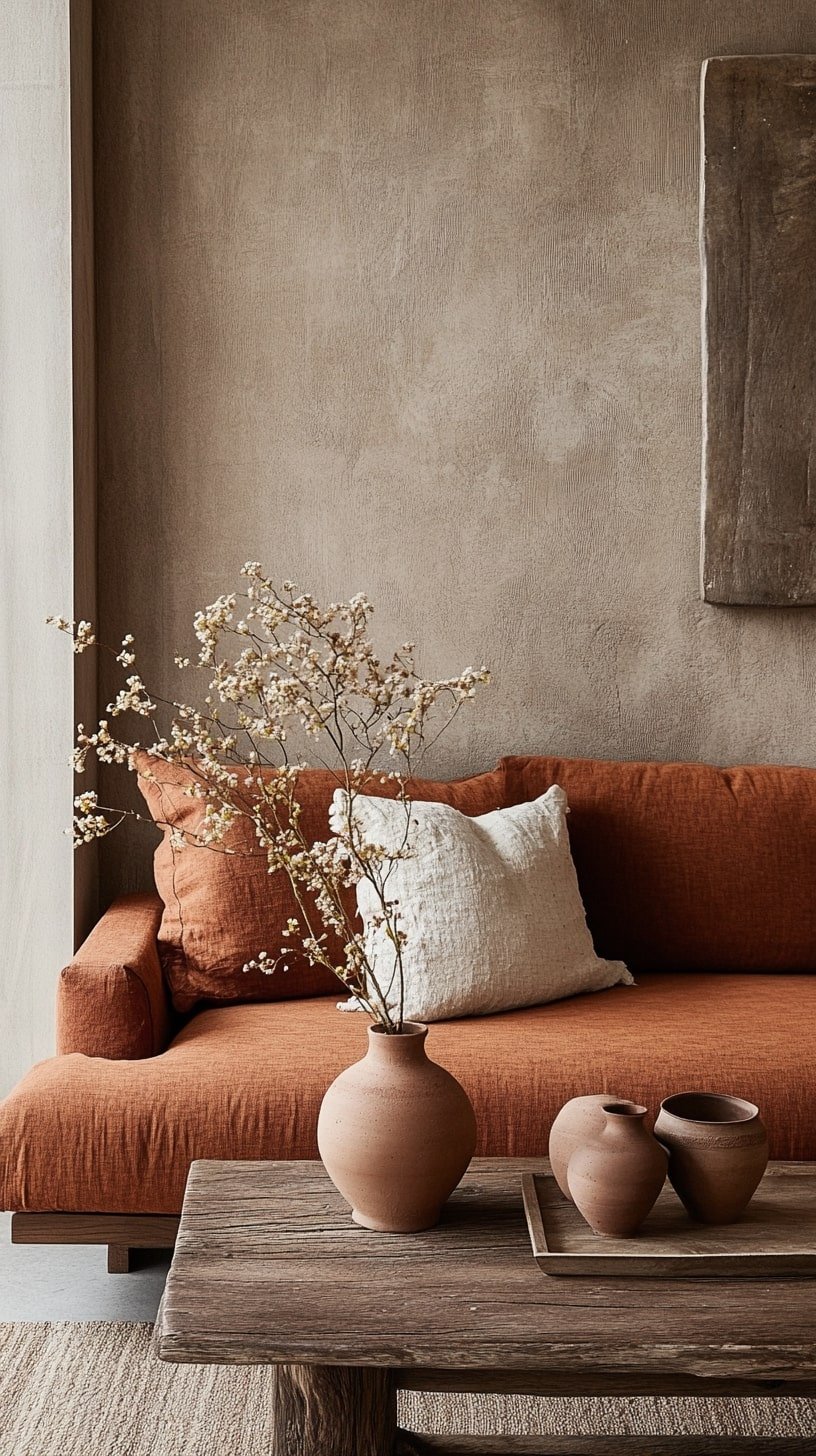 Earthy Living Room with Terracotta Sofa and Clay Toned Accents