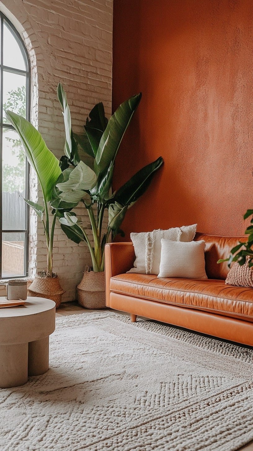 Earthy Modern Living Room with Clay Walls and Leather Sofa