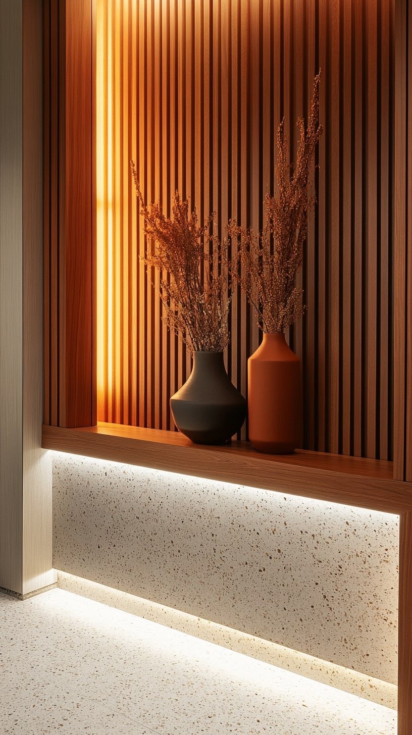 Earthy Narrow Living Room with Terracotta Tones and Wood Paneling