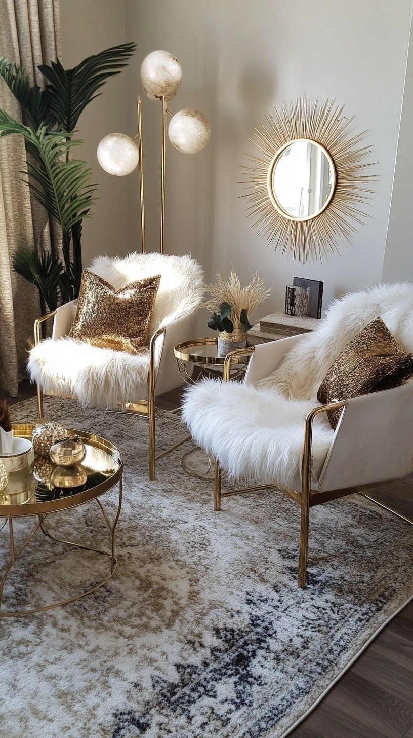 Eclectic Glam Living Room with Mid-Century Chairs and Fur Accents