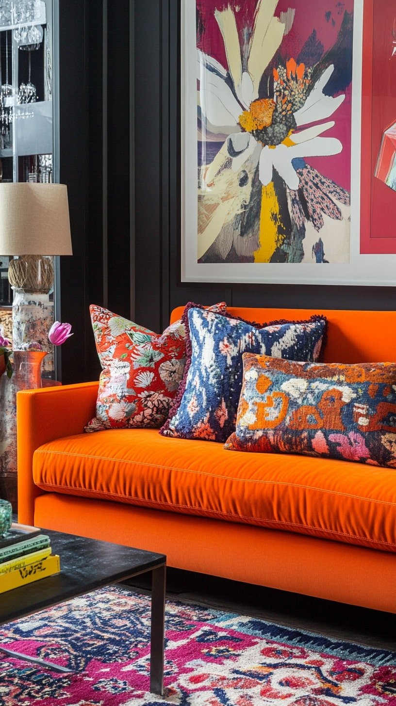 Eclectic Living Room with Orange Couch and Patterned Rug