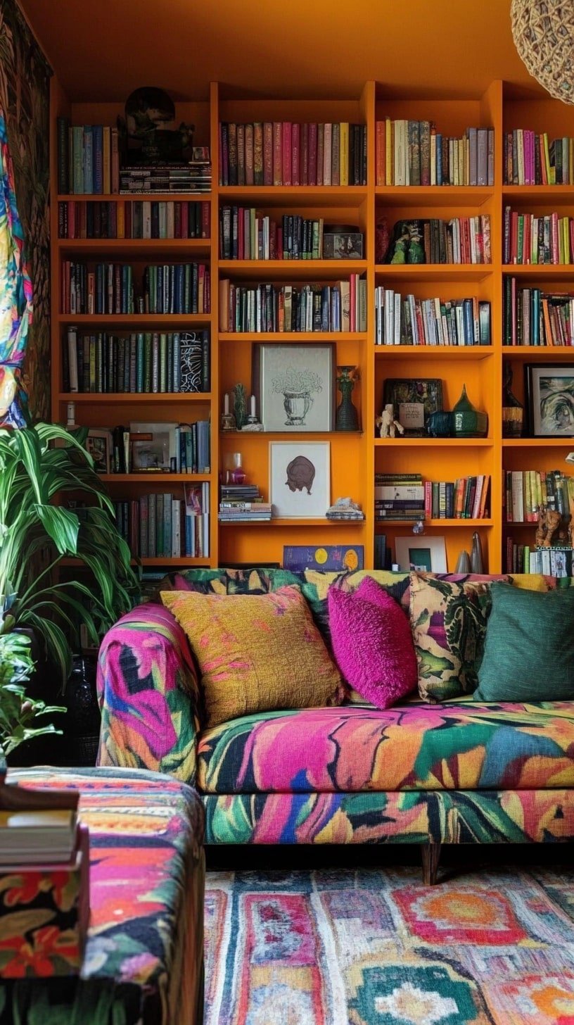 Eclectic Narrow Living Room with Bookshelves and Patterned Sofa