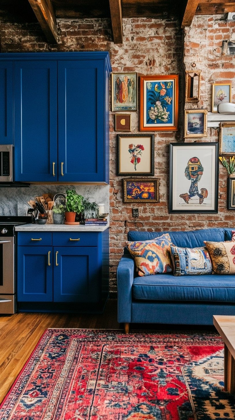Eclectic Open Plan with Gallery Wall and Bold Kitchen Cabinets