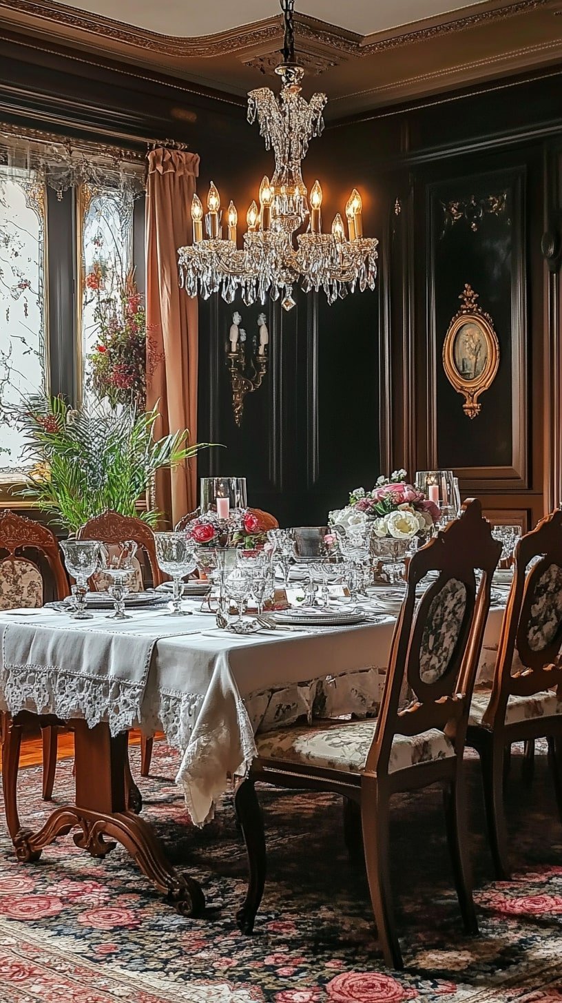  Edwardian Living Room with Crystal Chandelier and Floral Upholstery