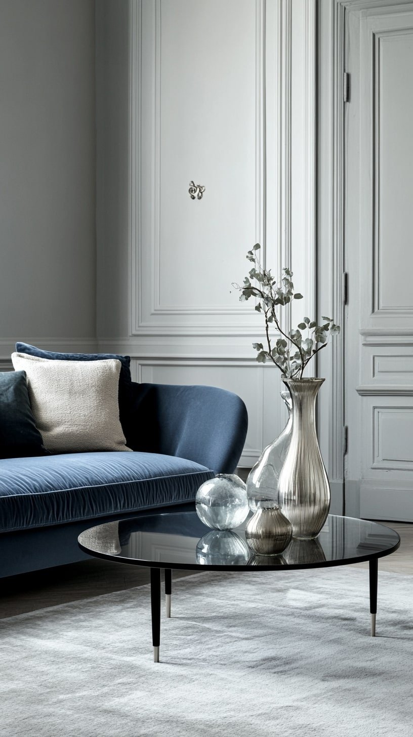Elegant Blue Couch in Light Grey Living Room with Glass Coffee Table