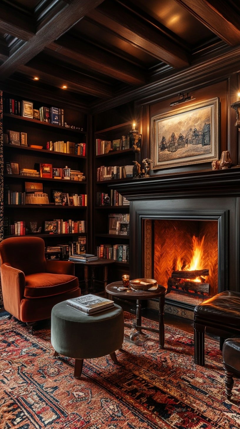 Elegant Library-Style Living Room with Warm Wood and Velvet Armchairs