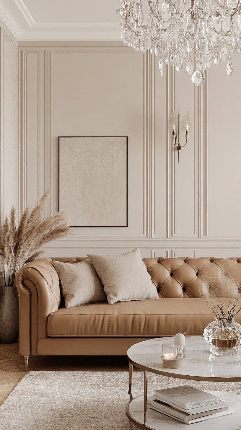  Elegant Living Room with Panel Molding and Tan Sofa