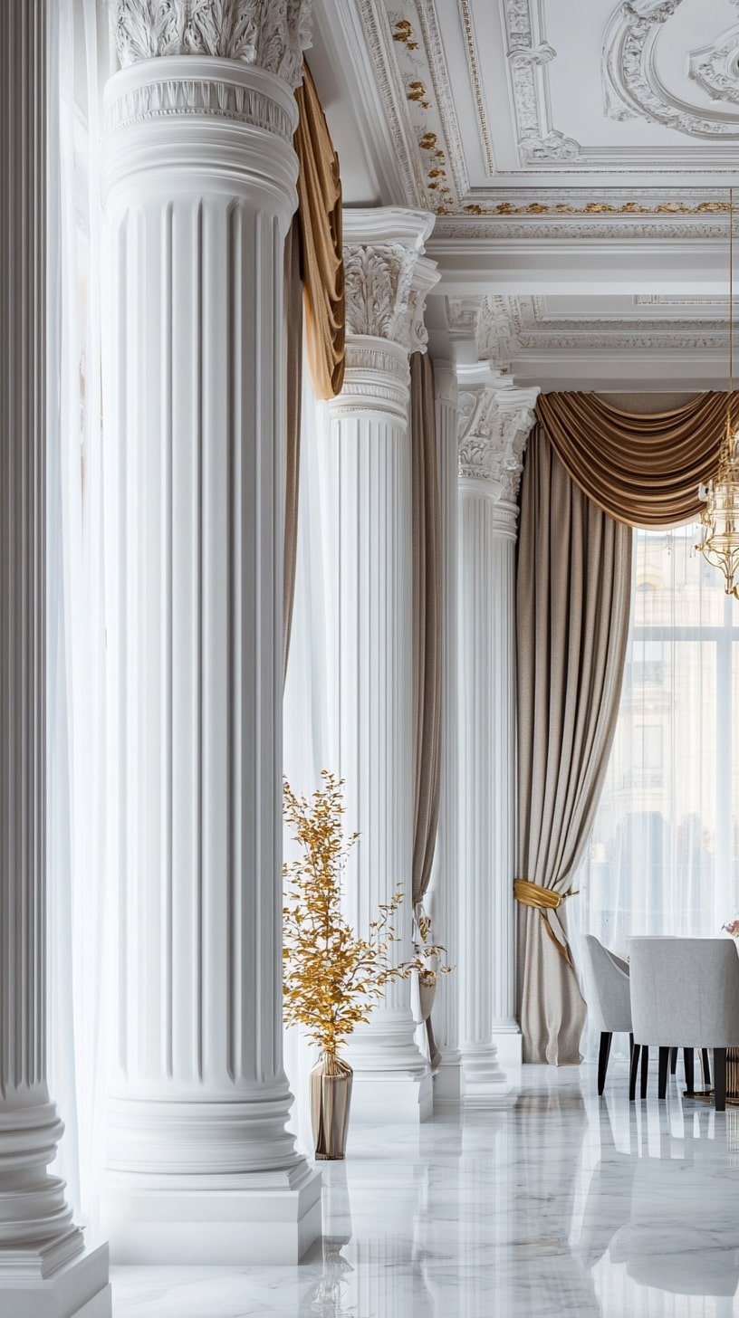 Elegant Mediterranean Living Room with Marble Columns and Drapes