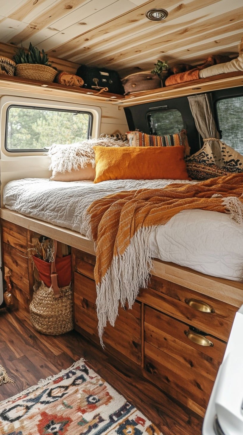 Elevated Bed Platform with Gold Accents and Fringe Decor