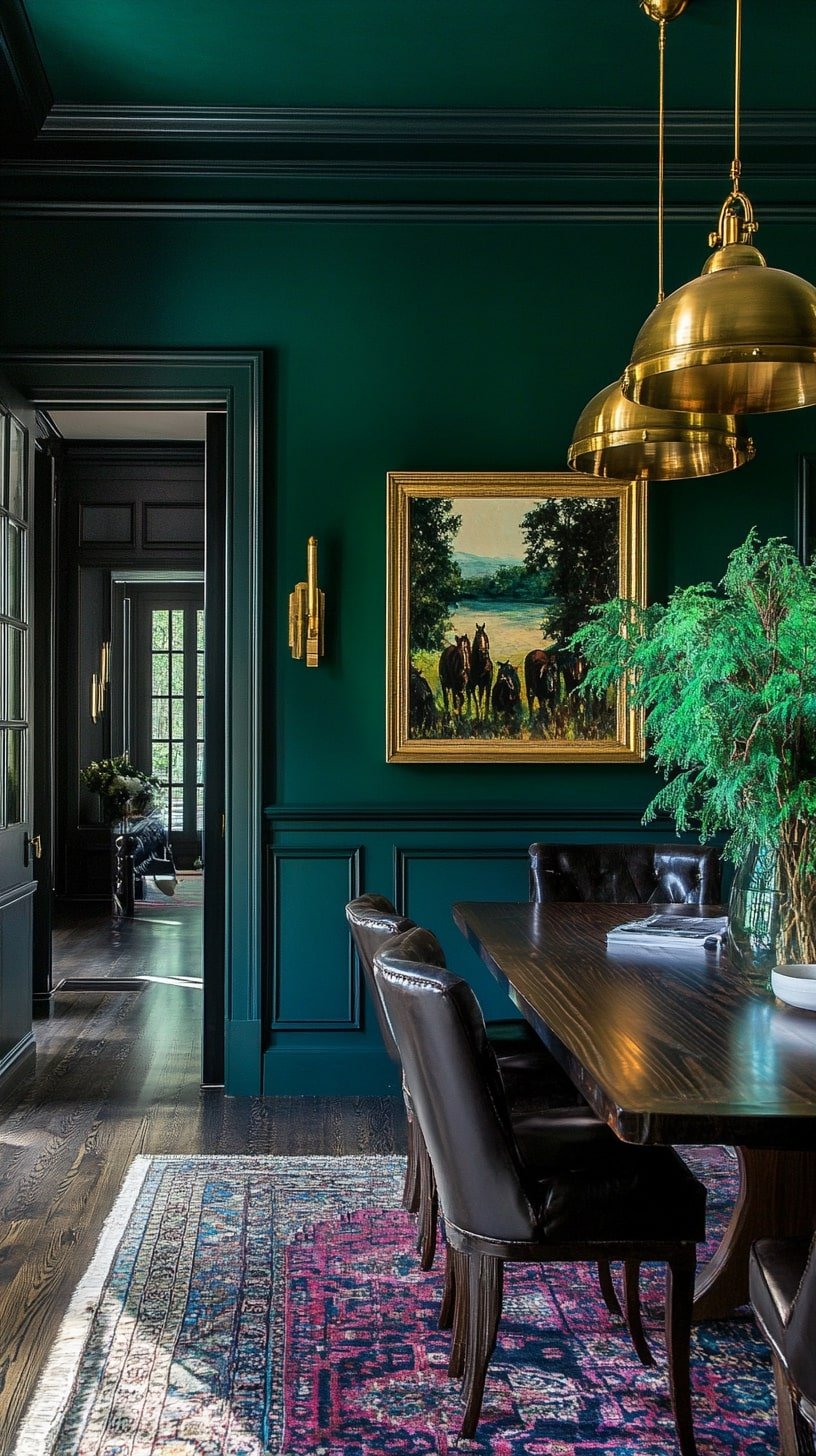 Emerald and Brass Glam Lounge with Vintage Art and Sculptures