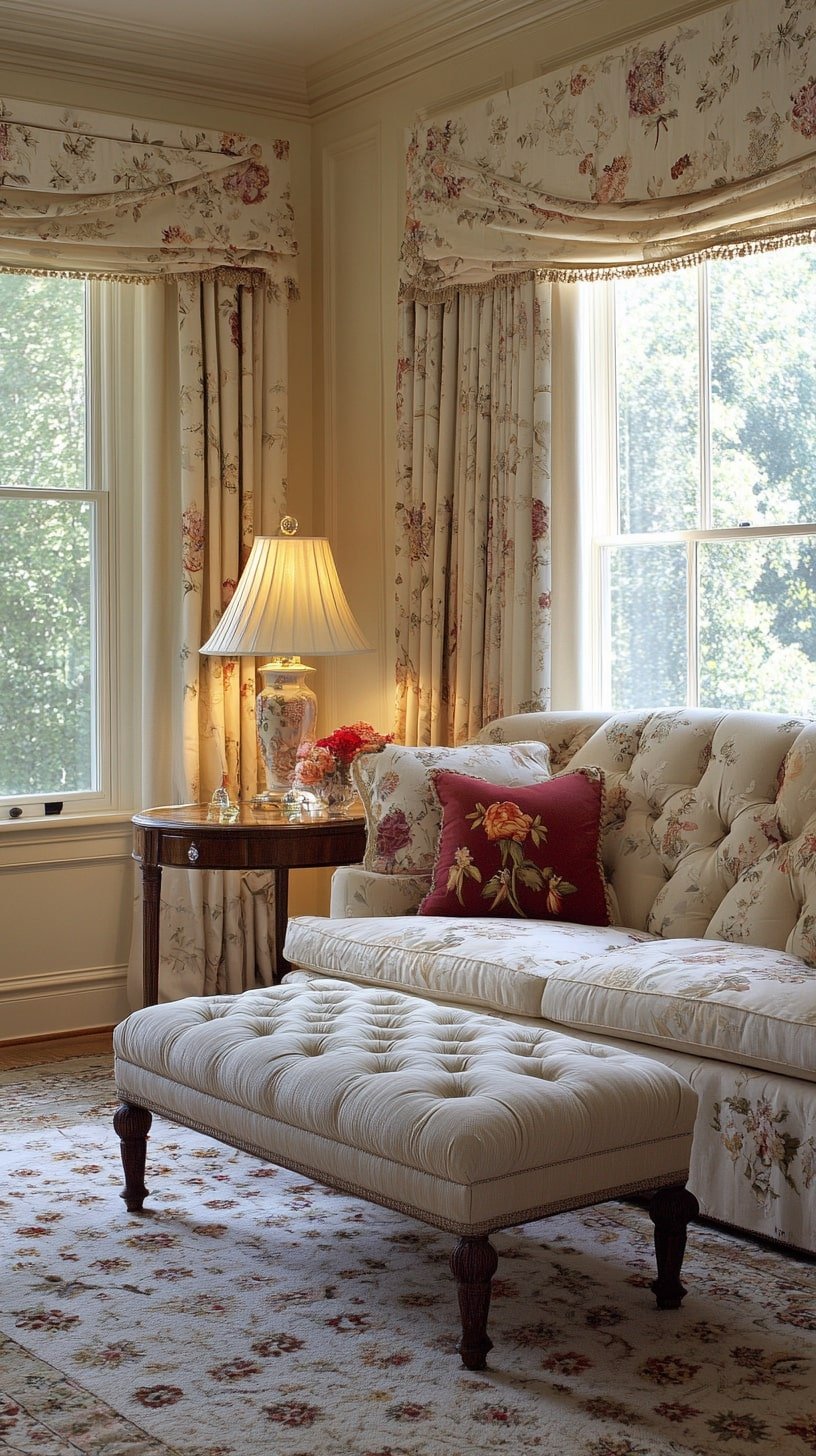 English-Inspired Living Room with Floral Sofa and Patterned Curtains