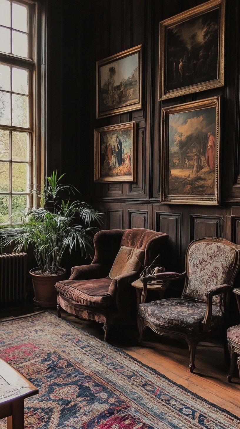 English Manor Drawing Room with Antique Rugs and Oil Portraits