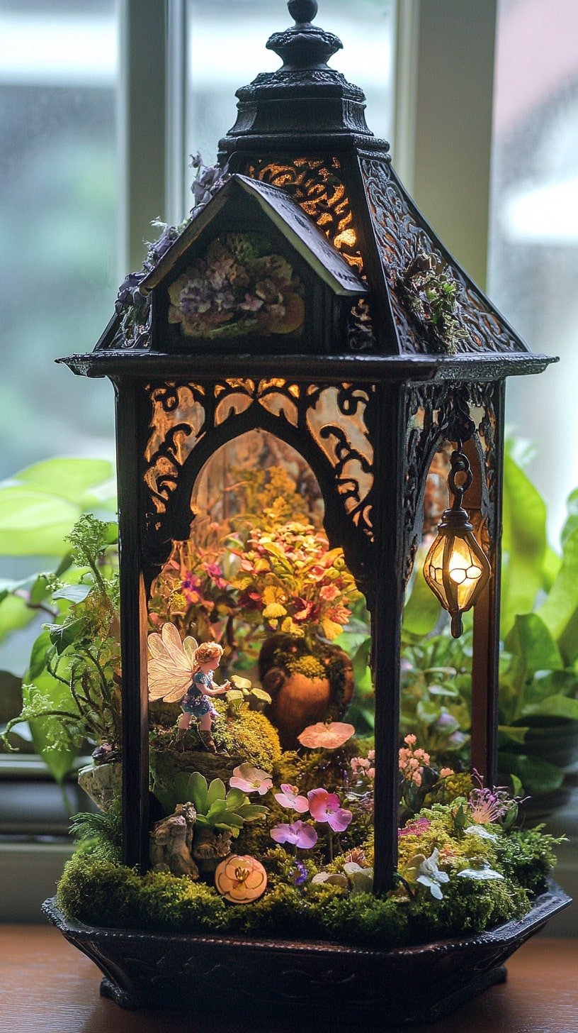 Fairy Garden in a Lantern with Glowing Interior