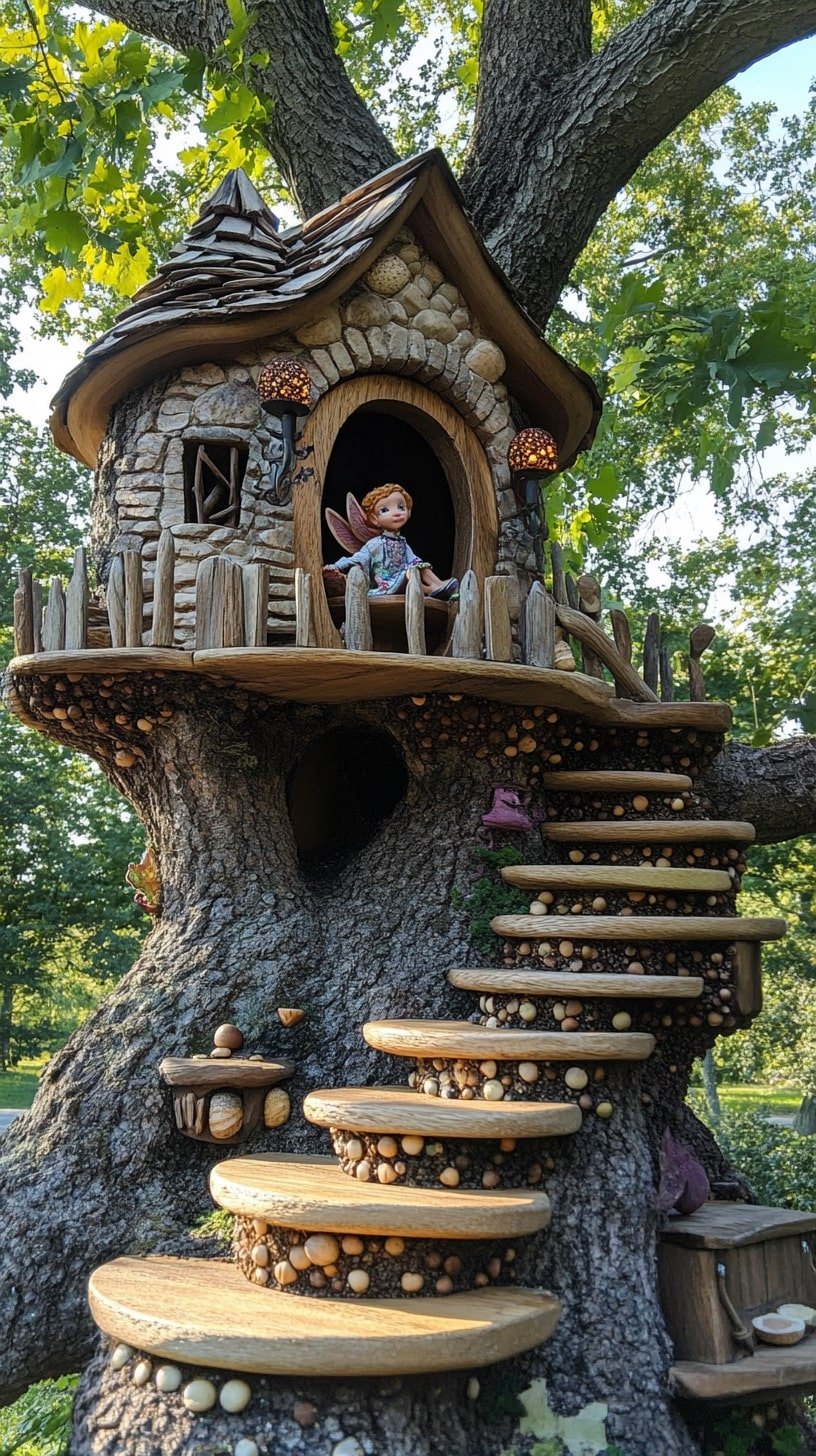 Fairy Treehouse with Rope Ladder and Acorn Furniture