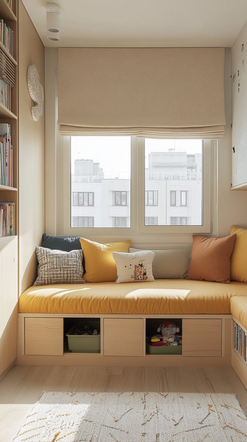 Family-Friendly Narrow Living Room with Toy Storage and Modular Sofa