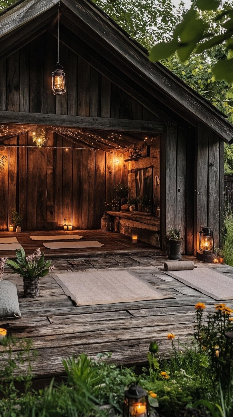 Farmhouse Backyard Yoga Studio with Barn Wood Accents