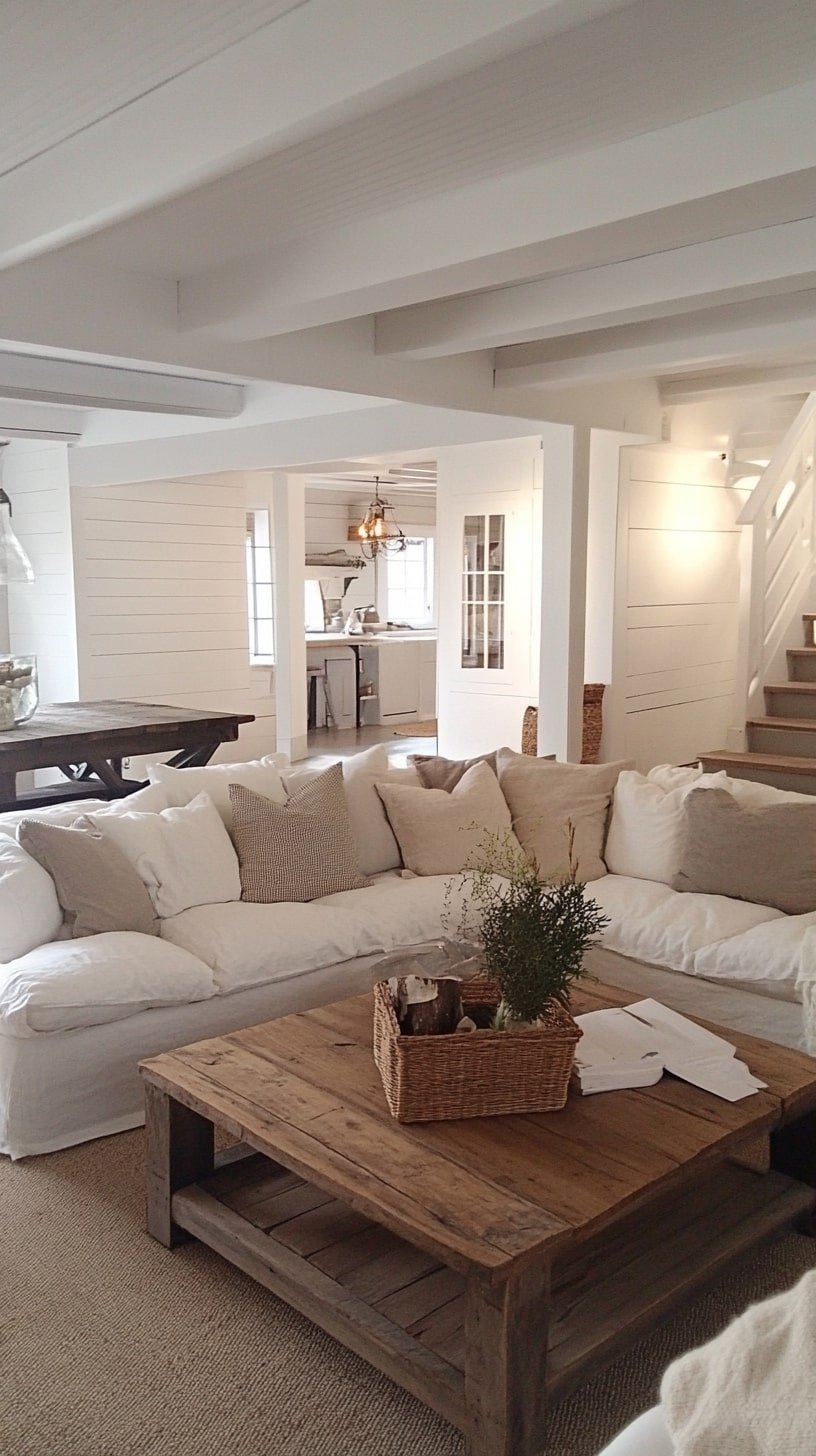 Farmhouse Living Room with Painted Beams and Cozy Sectional