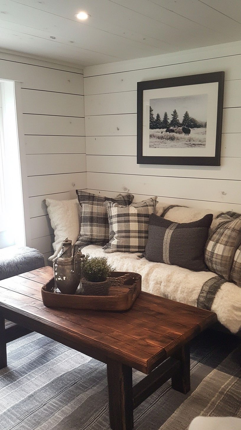 Farmhouse-Style Small Living Room with Shiplap Walls