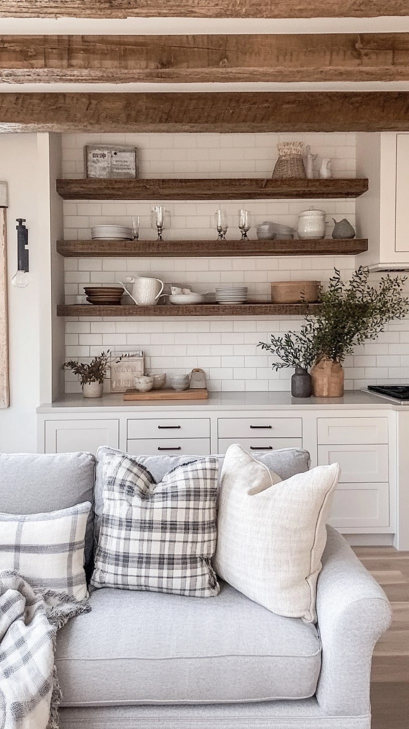  Farmhouse Style Small Open Concept with White Cabinets and Cozy Couch