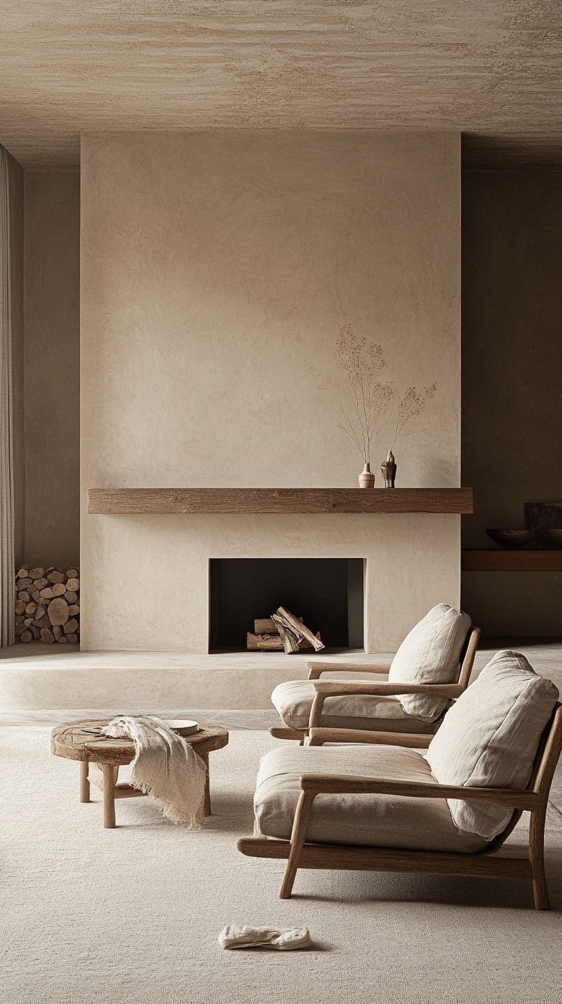 Fireplace-Focused Room with Matching Armchairs and Warm Woods