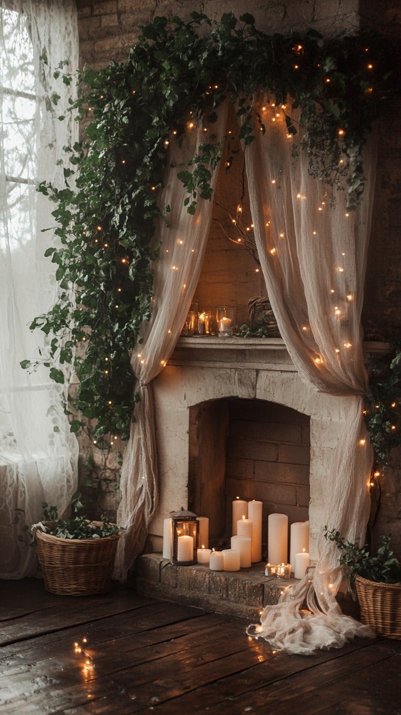 Fireplace Nook with Tulle, Ivy, and Candles