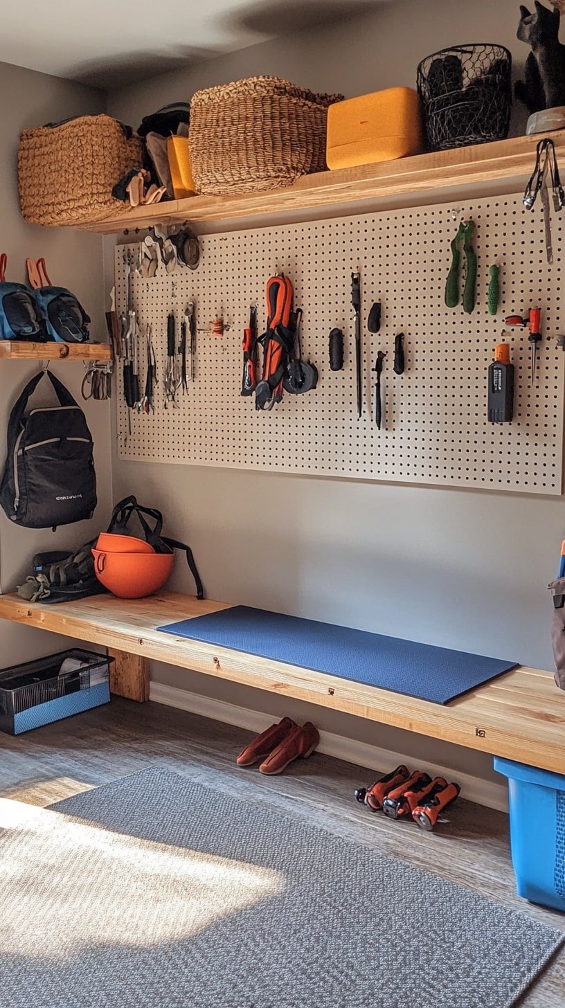 Floating Yoga Bench and Compact Equipment Wall