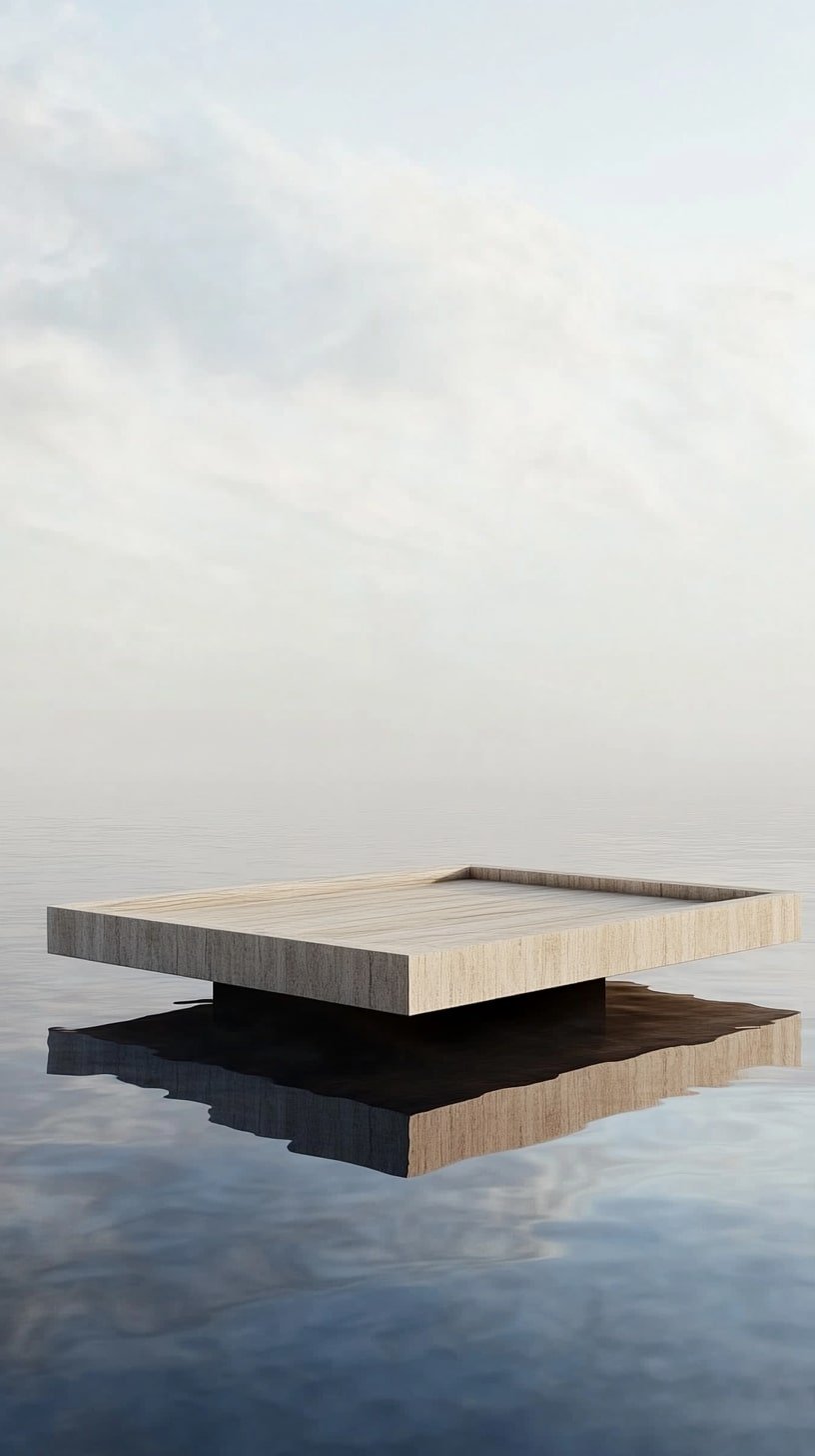 Floating Yoga Deck on Water with Calm Reflection