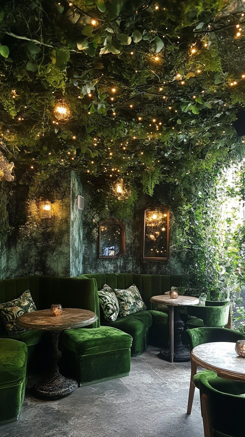 Forest Canopy Living Room with Hanging Lights