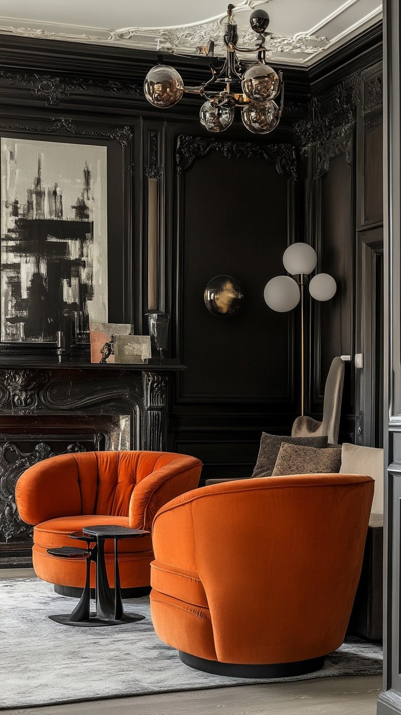 Formal Living Room with Velvet Orange Sofa and Marble Fireplace