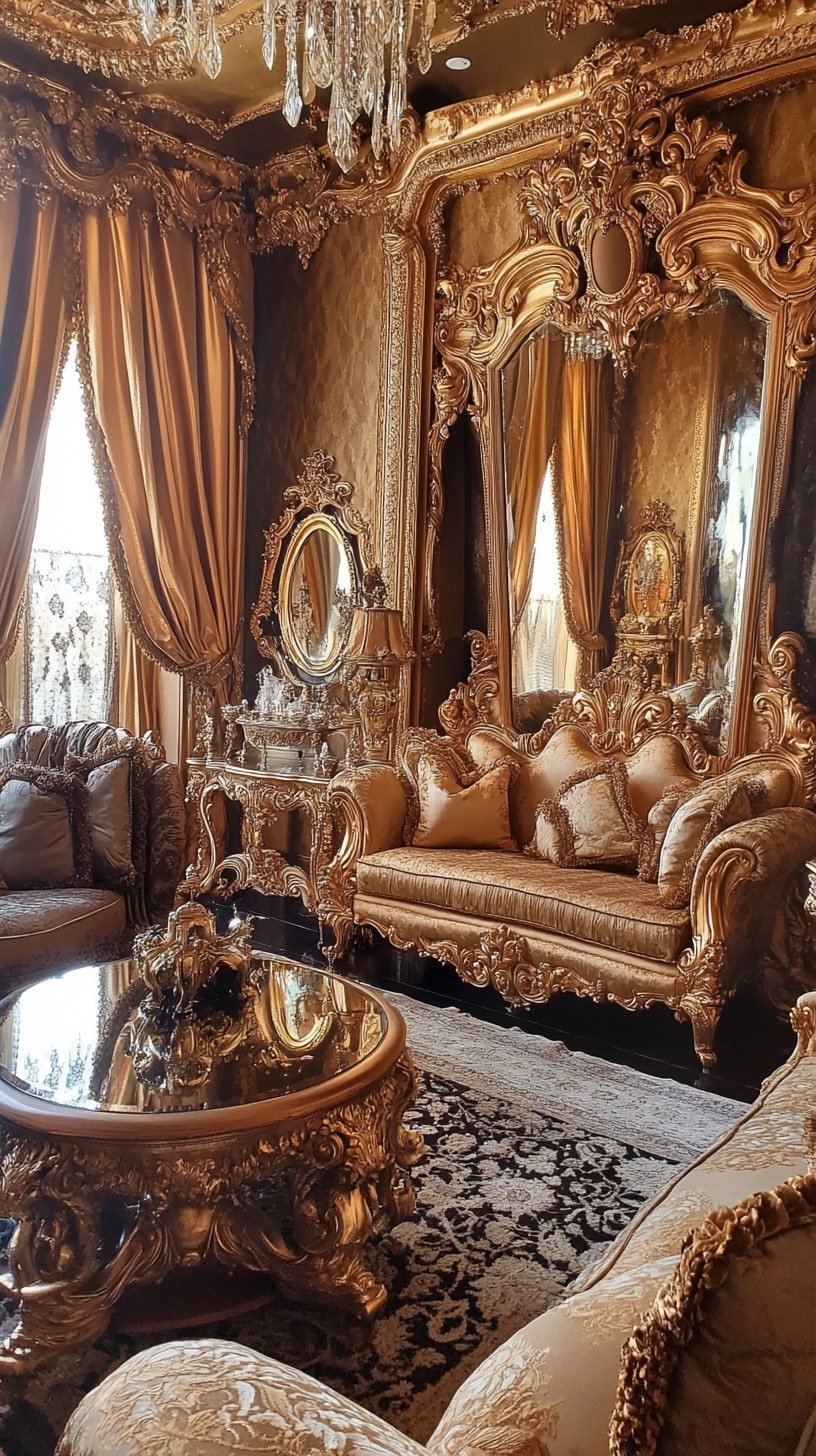 French Baroque Living Room with Ornate Gold Mirrors and Silk Drapes
