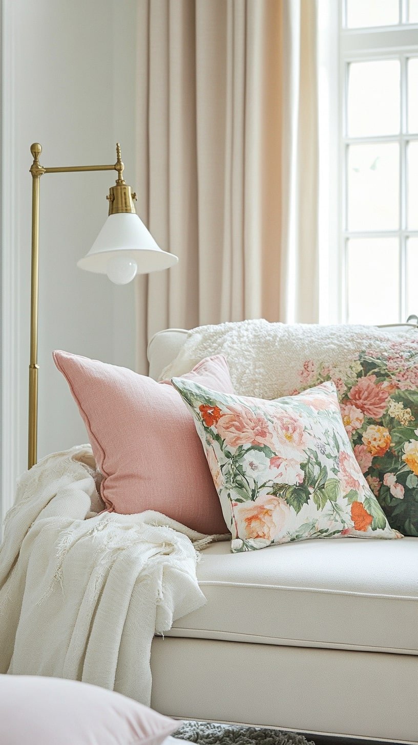 French Country-Inspired Room with Floral Curtains and Antique Lamps