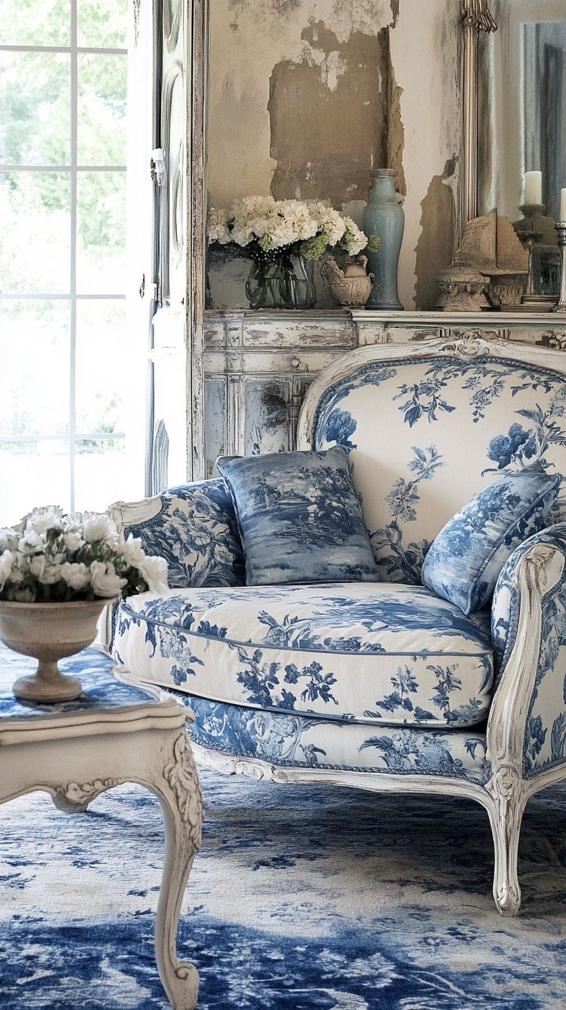 French Provincial Living Room with Blue Toile Fabrics and Painted Wood