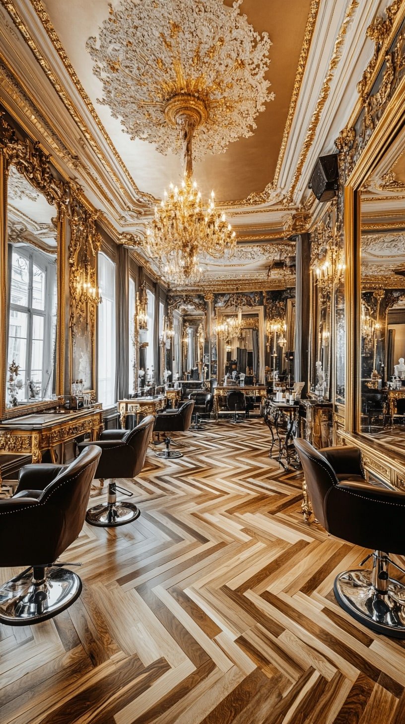 French Salon with Gold Framed Mirrors, Antique Chandeliers, and Chevron Floors