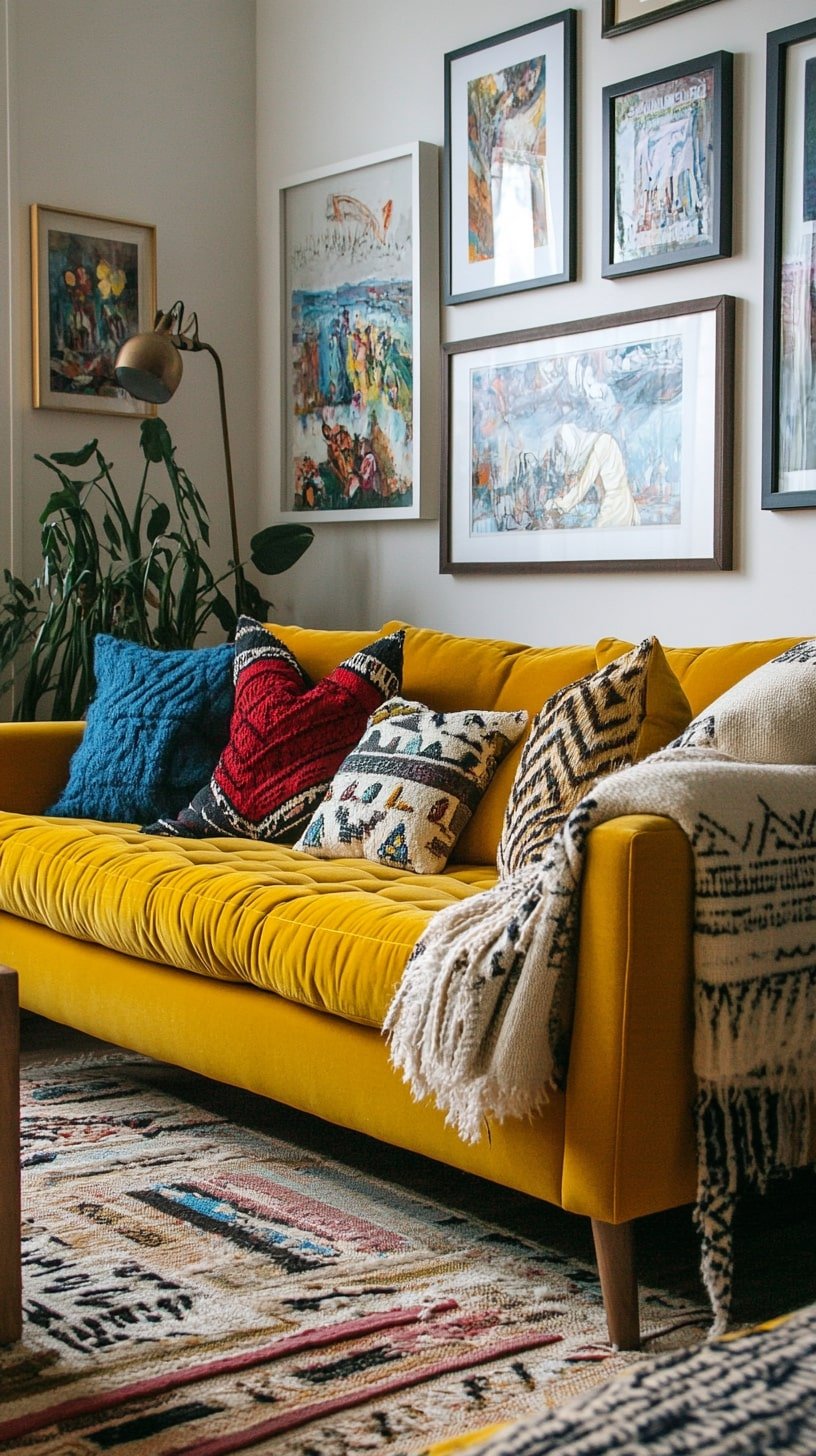 Gallery Wall Living Room with Yellow Sofa and Neutral Layers