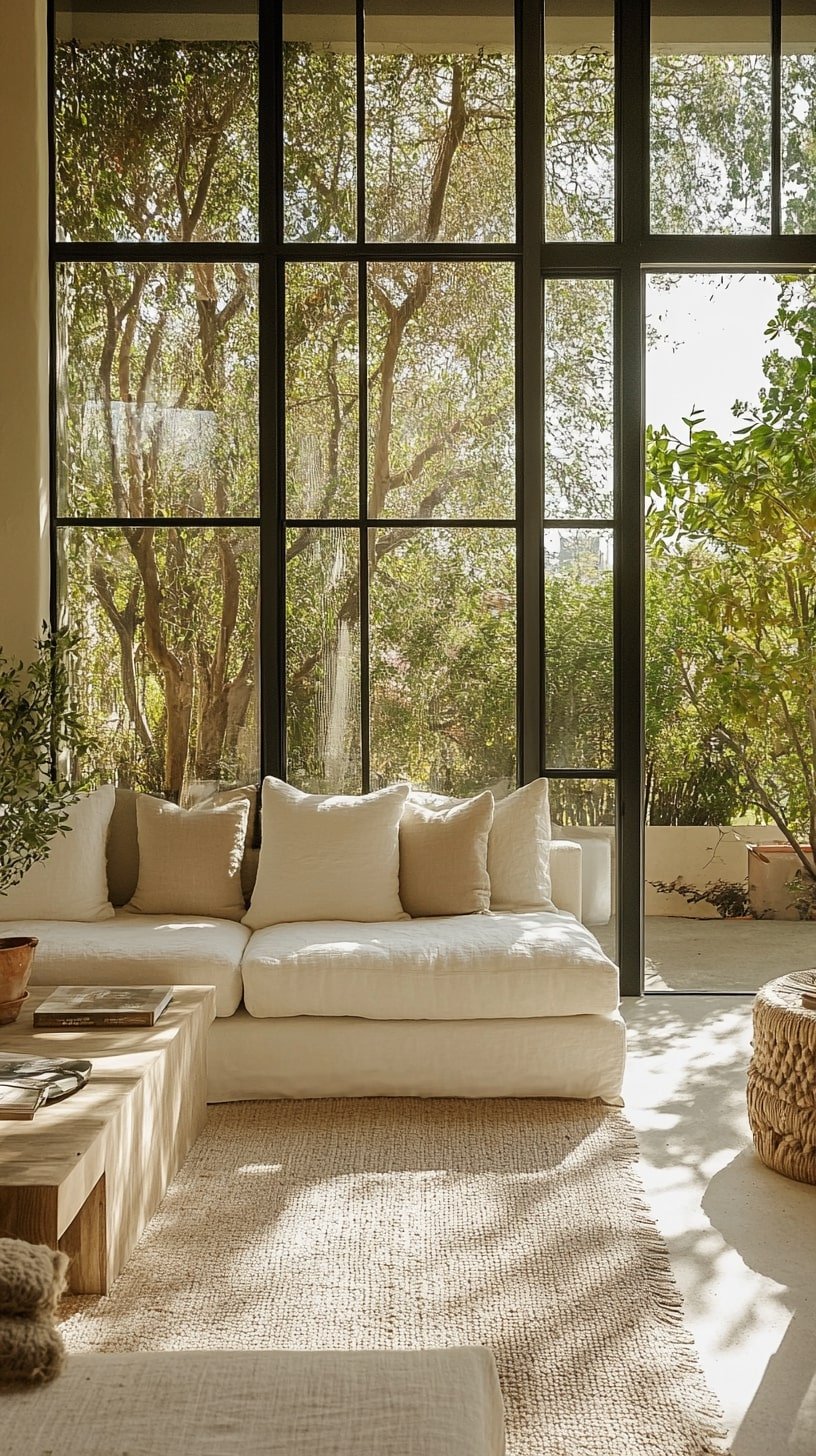 Garden-View Living Room with Large Glass Doors and Soft Seating