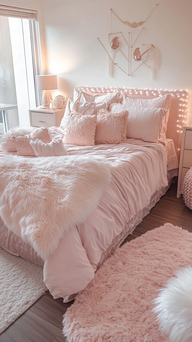 Girly Dorm Room with Blush Tones and Faux Fur Rug