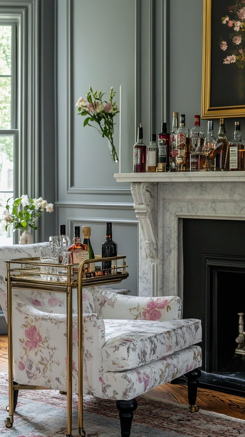 Glamorous Parlor with Marble Fireplace and Antique Bar Cart