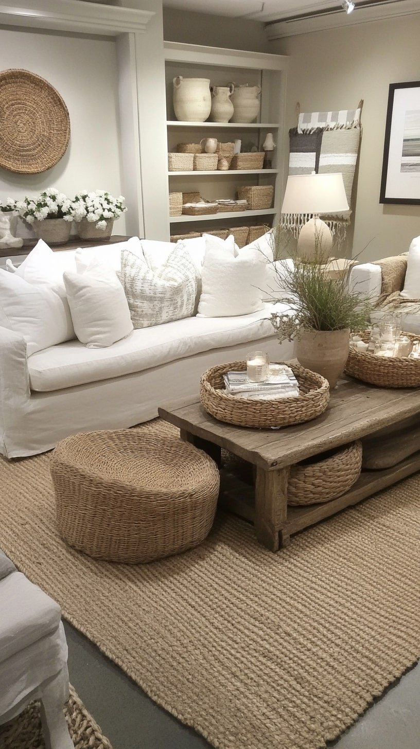 Hamptons-Style Living Room with Neutral Sofas and Wicker Accents