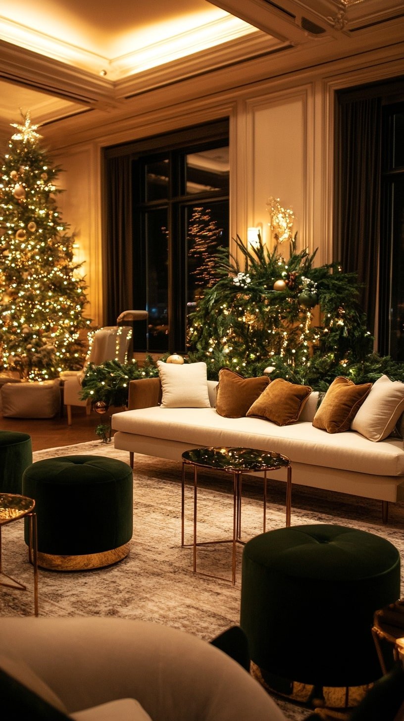Holiday-Inspired Living Room with Cozy Fireplace and Candlelight
