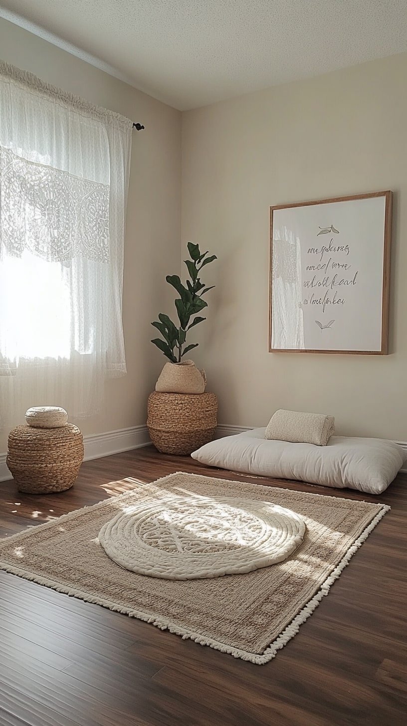Home Yoga Setup with Large Wall Art and Peaceful Quotes
