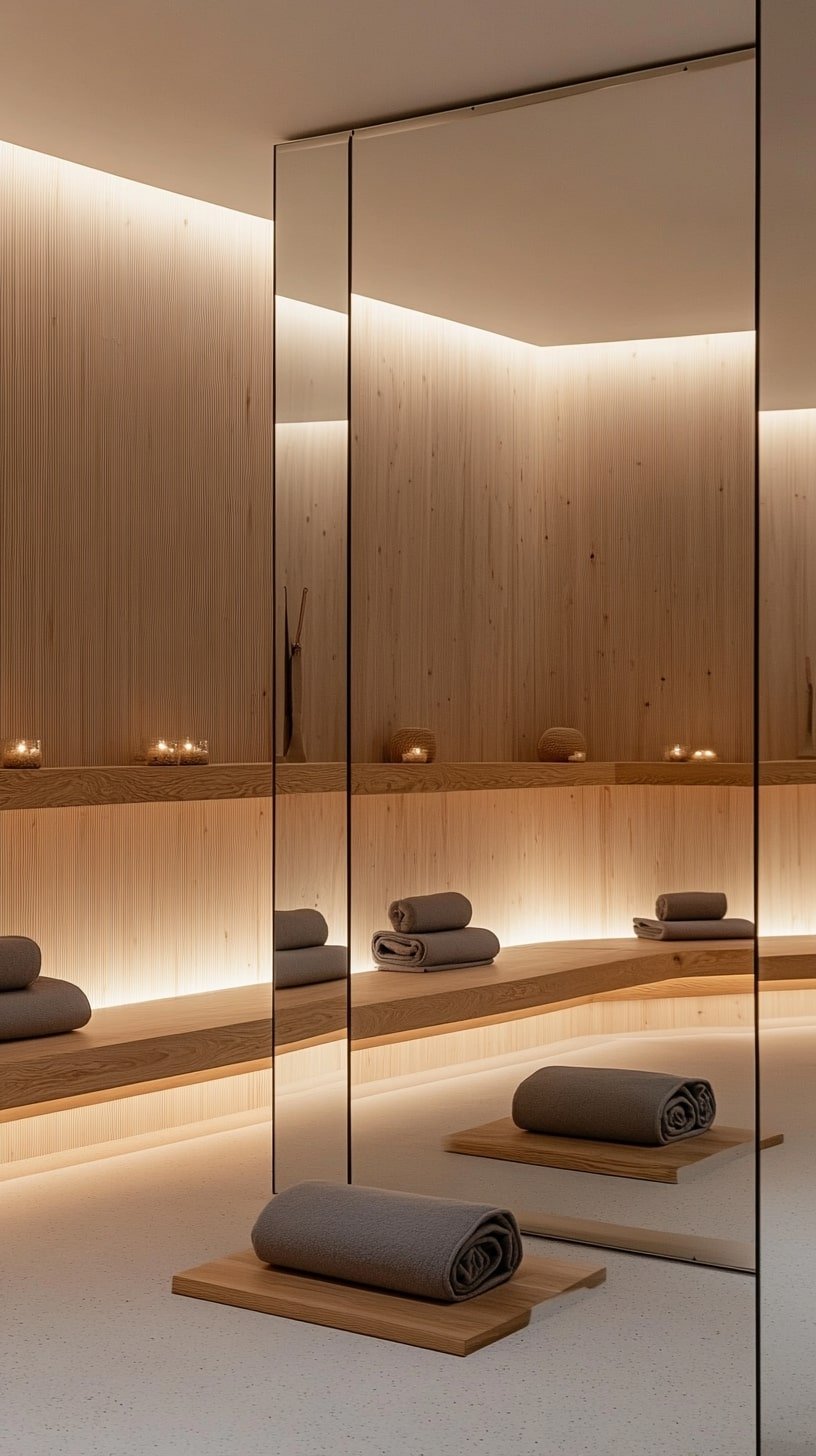 Home Yoga Space with Mirror Wall and Floating Shelves