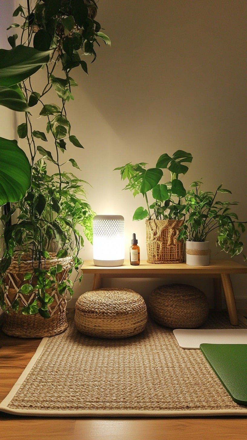 Home Yoga Studio with Aromatherapy Setup and Plants