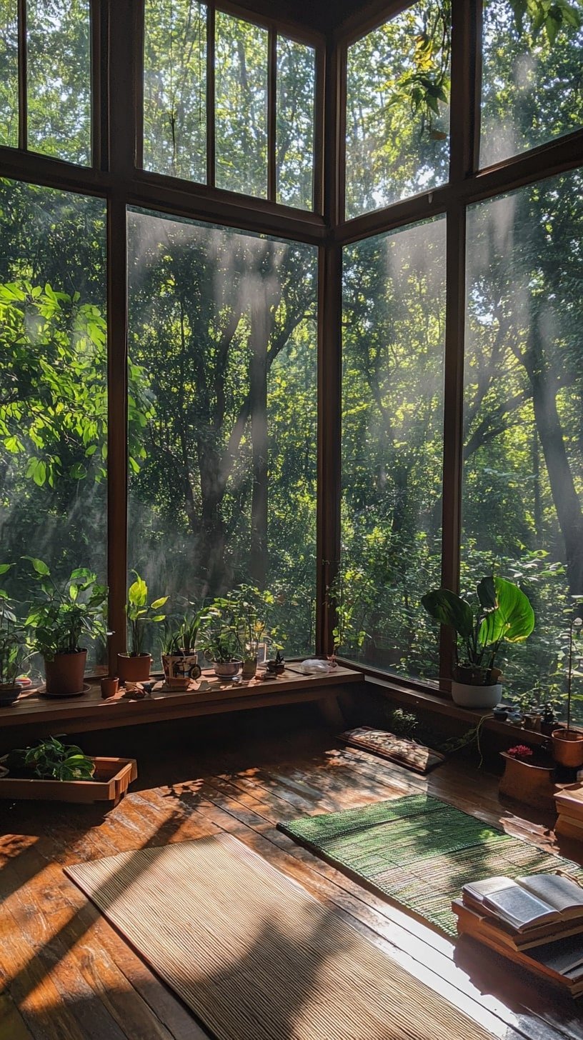 Home Yoga Studio with Forest View and Indoor Plants