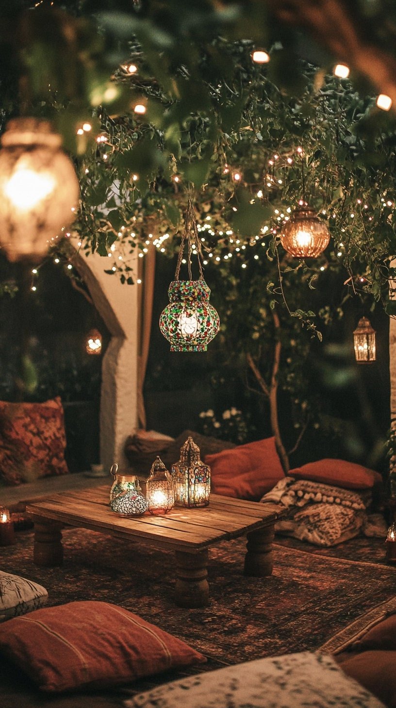 Indoor Garden Room with Hanging Vines and Floor Cushions