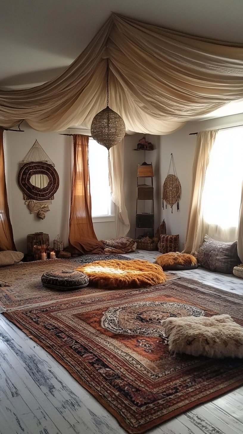 Indoor Tent-Style Boho Studio with Hanging Fabric